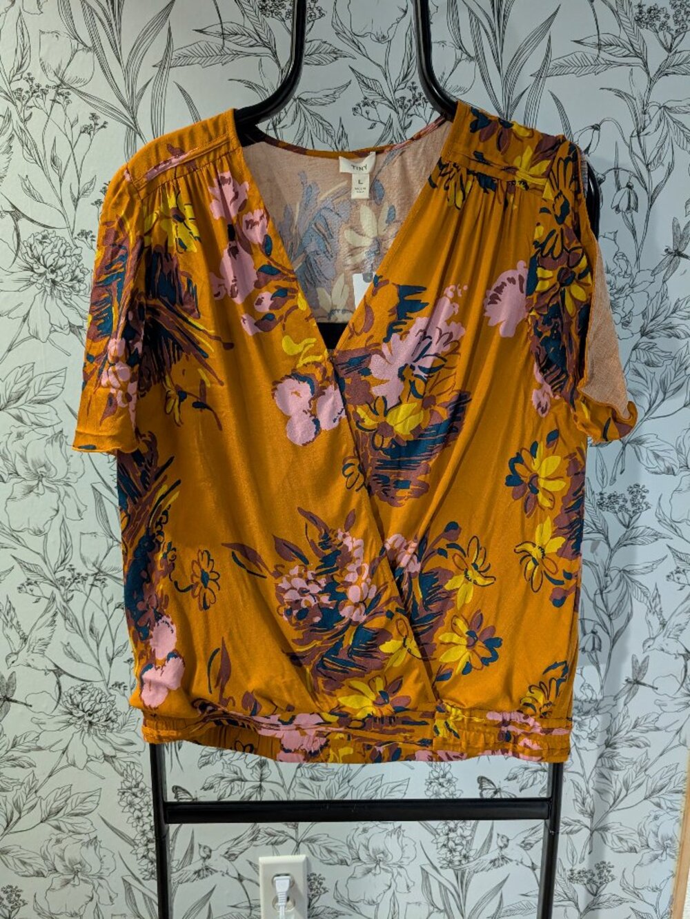 Tiny Floral Surplice Faux Wrap Blouse Mustard Yellow Rayon Size Large NWT